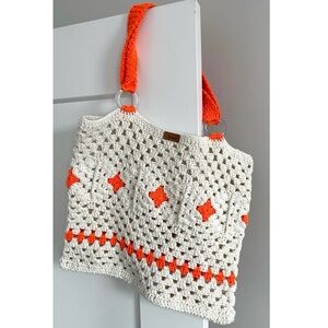 Y2K Handmade Crochet Tote Bag White Orange Boho Beach Shoulder Bag